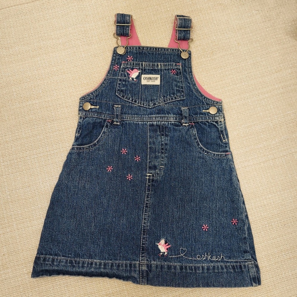 OshKosh‎ Bgosh Girls Blue Denim Overall Dress Pink Fleece Lined Bird Embroidered